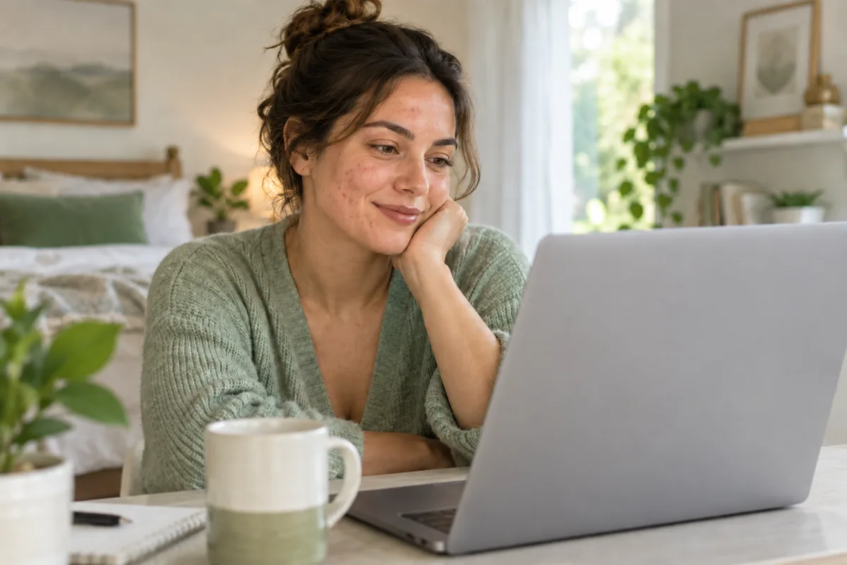 Adult at home using a laptop for an acne care consultation