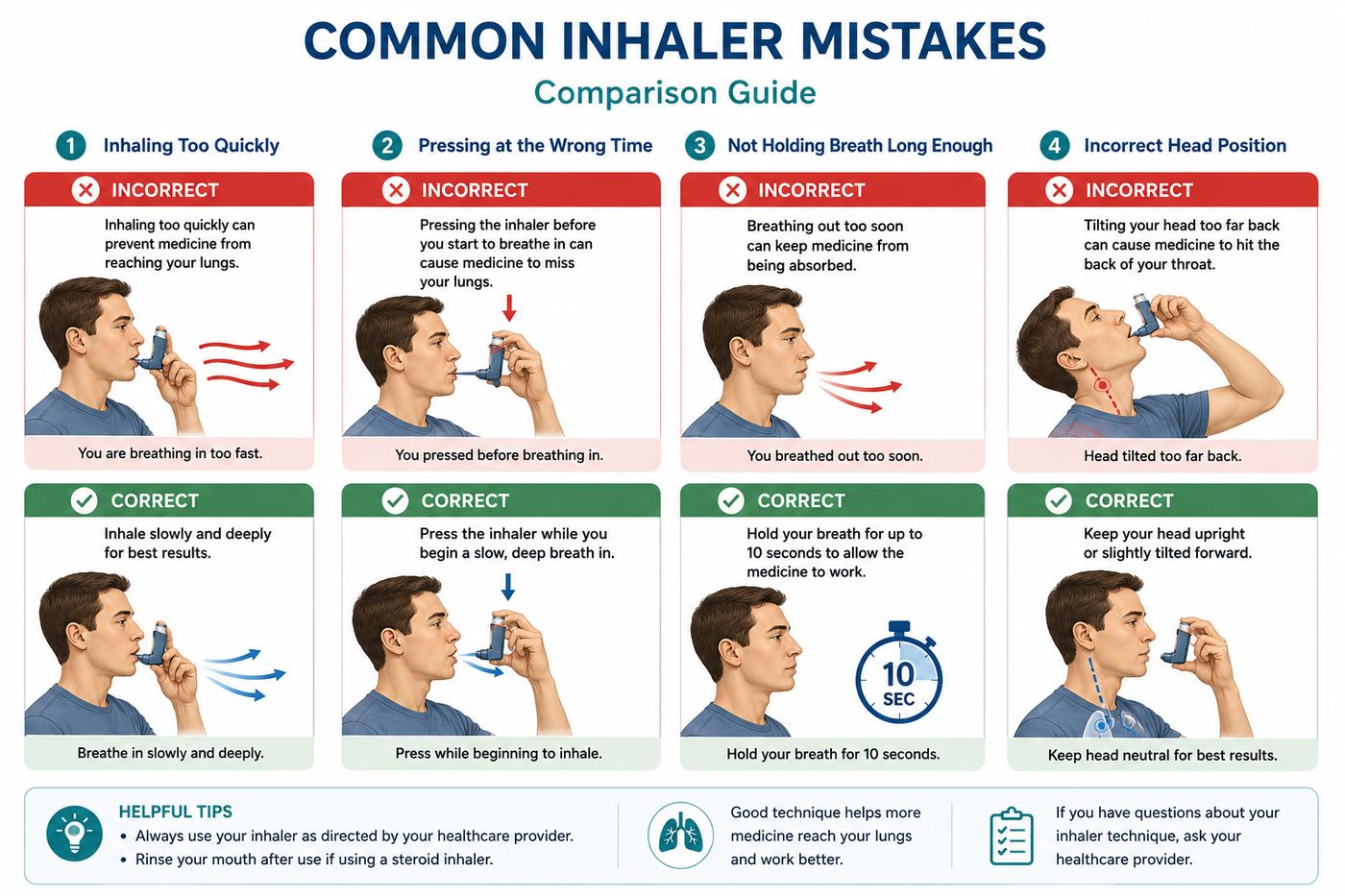 YourMD Telehealth infographic: Common Inhaler Mistakes comparison guide — incorrect vs. correct technique for inhaling too quickly, pressing at the wrong time, not holding your breath long enough, and incorrect head position