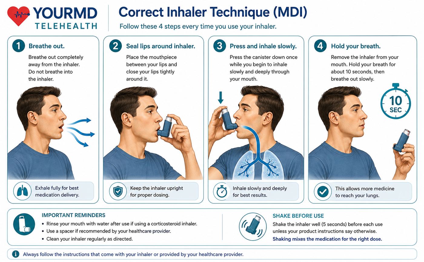 YourMD Telehealth infographic: Correct Inhaler Technique (MDI) — breathe out away from the inhaler, seal lips around the mouthpiece, press the canister once while inhaling slowly and deeply, then hold your breath about 10 seconds; includes shake-before-use and rinse-after-corticosteroid reminders