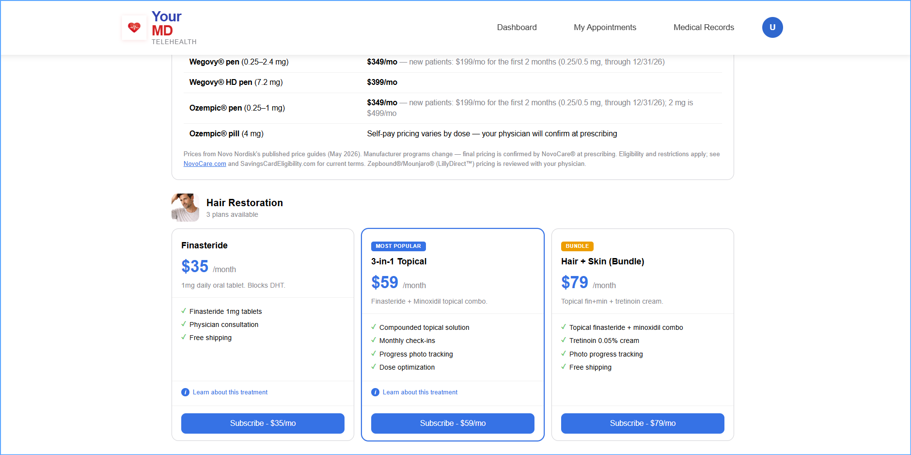 Pricing you can see up front — YourMD patient portal