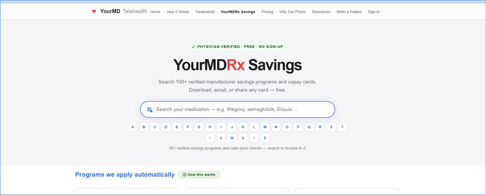 YourMDRx Savings — free, no sign-up — YourMD patient portal