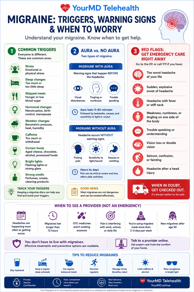 Migraine: Triggers, Warning Signs & When to Worry infographic